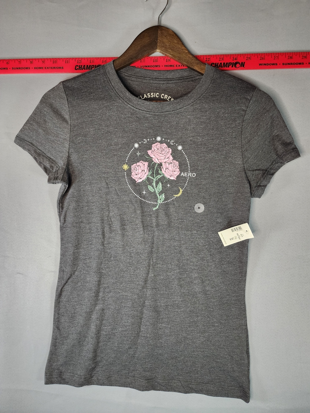 Aeropostale Gray Tee with Pink Rose and Celestial Motif